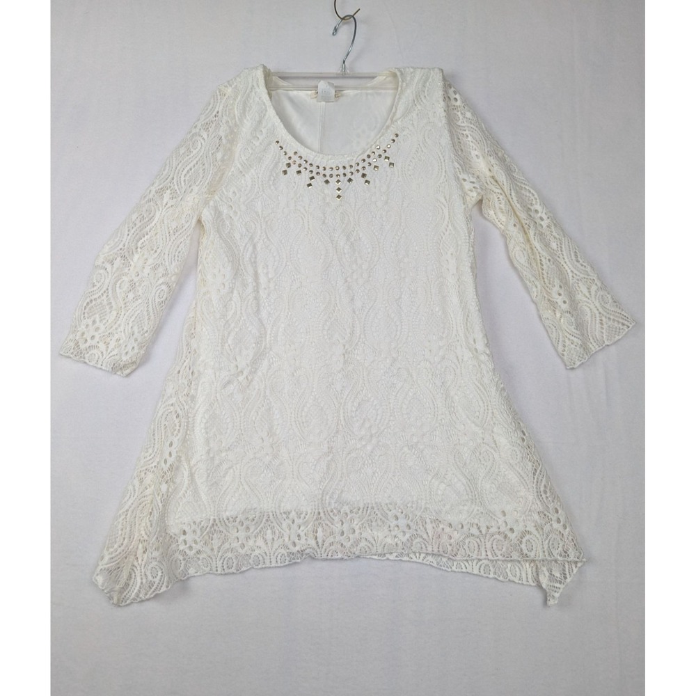 Brittany Black Lace Tunic Top Sz M 3/4 Sleeve Embellished White Womens Blouse
